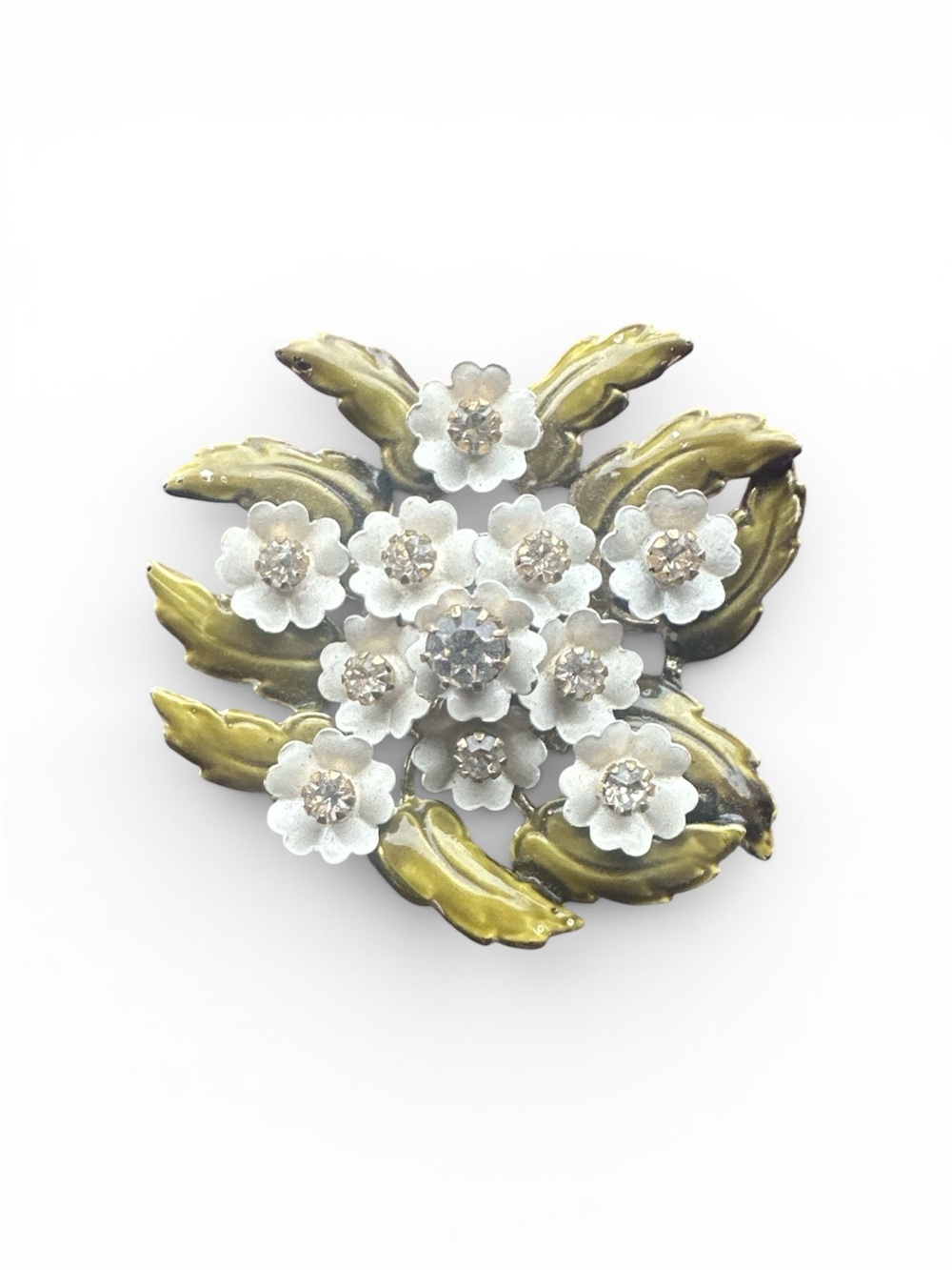 Coro White Flower Cluster Brooch with Green Enamel Leaves